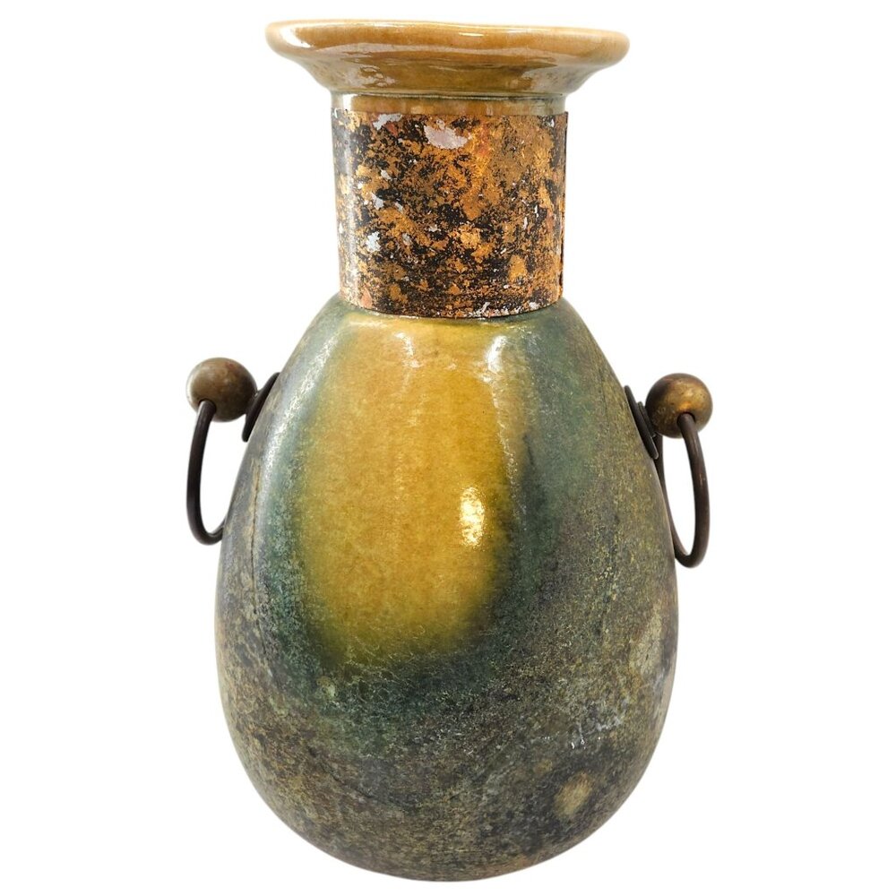 Vtg. Tony Evans Large Raku Vase Brass Handles Signed Spotted Glaze Metal Collar